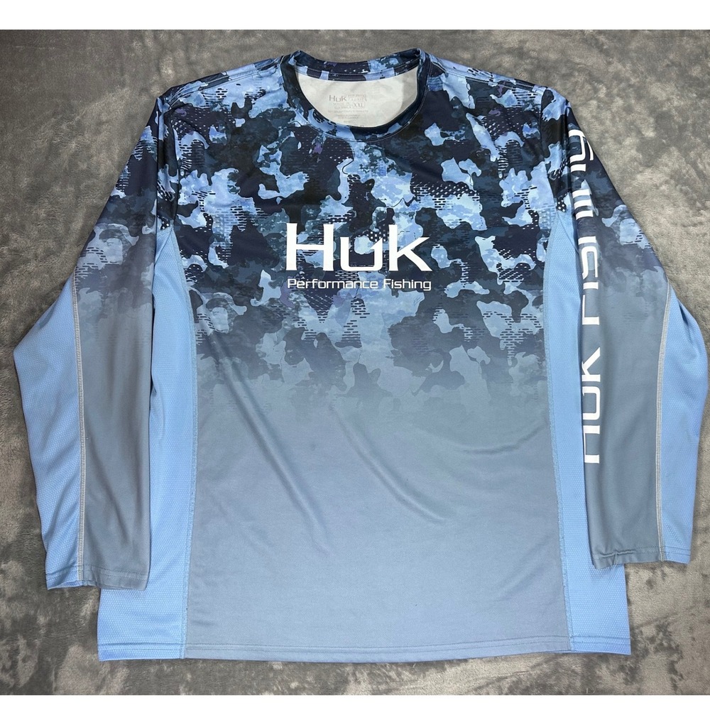 Huk Performance Fishing Shirt Mens XXL Blue Camo Long Sleeve Breathable Mesh XL